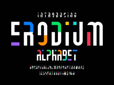 Colorful abstract style alphabet design with uppercase, numbers and symbols