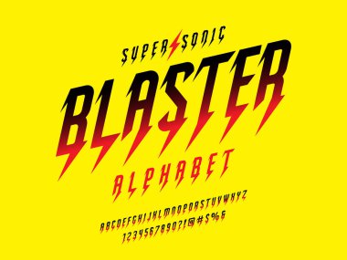 thunder bolt style alphabet design with uppercase, numbers and symbol