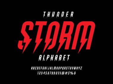 thunder bolt style alphabet design with uppercase, numbers and symbol