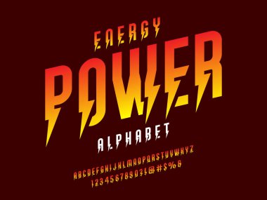 thunder bolt style alphabet design with uppercase, numbers and symbol