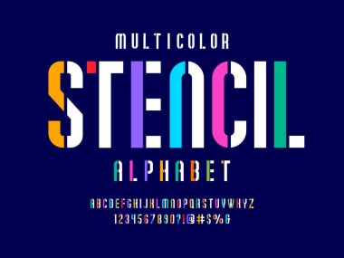 Modern stencil alphabet design with uppercase, numbers and symbols