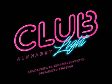 Glowing neon light alphabet design with uppercase, numbers and symbols