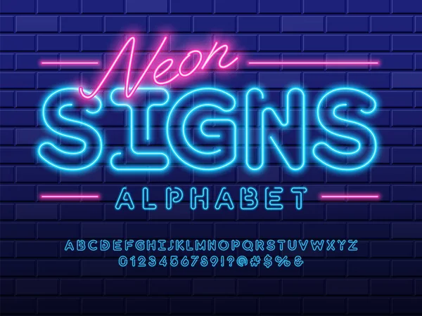 Glowing Neon Light Alphabet Design Uppercase Numbers Symbols — Stockový vektor