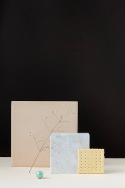 Kurabiye ve doğal doğa materyalleri ile Geometrik minimalist modelleme: bitki, mermer, kil, izometrik set, kopyalama alanı ve bir podyum veya tasarımınız için ayakta durun