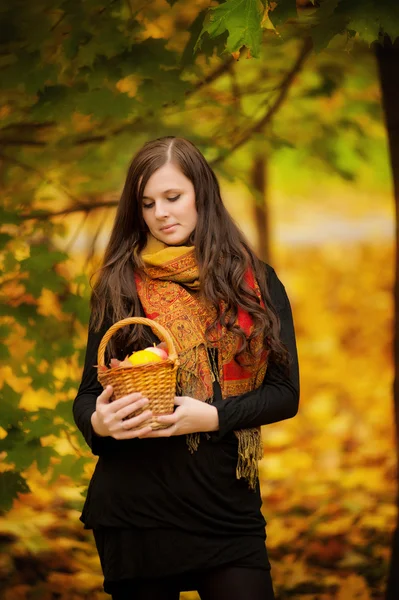 Young woman holding wicker basket — Stock Photo, Image