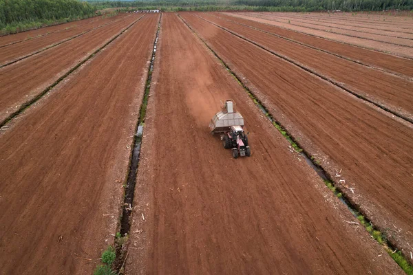 Peat Harvester Tractor on Collecting Extracting Peat. Mining and harvesting peatland. Area drained of the mire are used for peat extraction. Drainage and destruction of peat bogs.