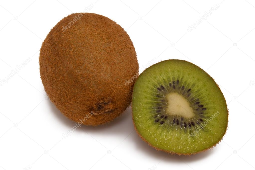 Whole and half kiwi fruit isolated on white background.