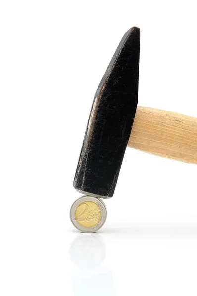 Concept of monetary crisis hammer on coin — Stock Photo, Image