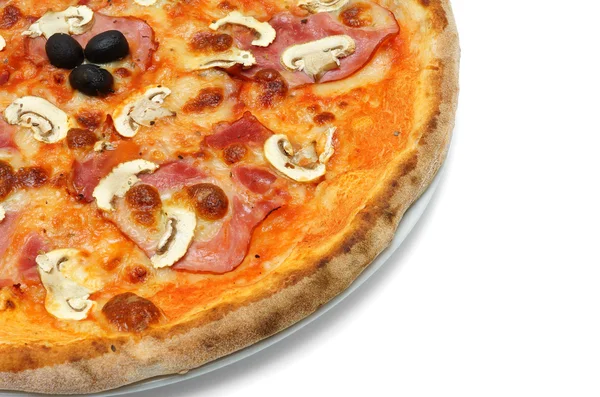 Close up of big italian pizza with ham and mushrooms — Stock Photo, Image