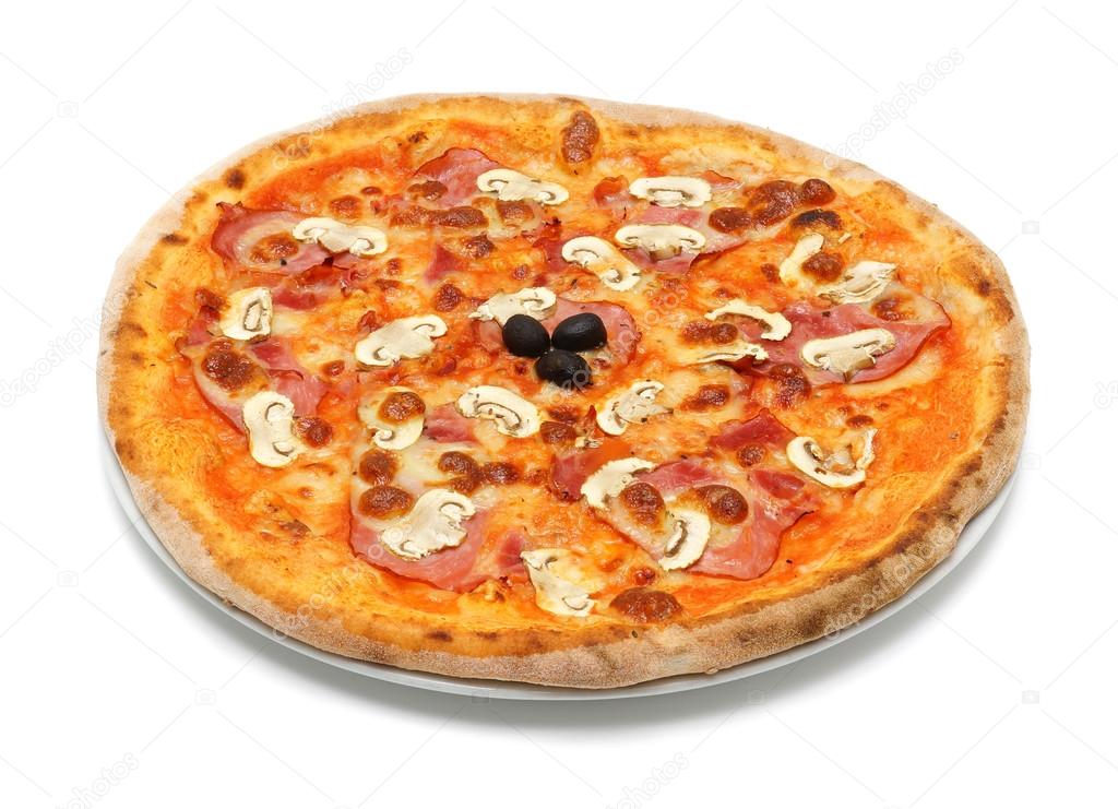 Big italian pizza with ham and mushrooms