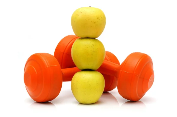 Concept of healthy life with apples and weights — Stock Photo, Image