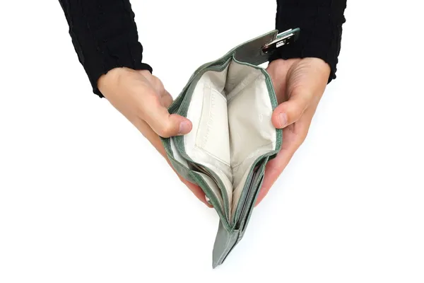 Açık boş kadın cüzdan ile alışveriş yok kavramı — Stok fotoğraf