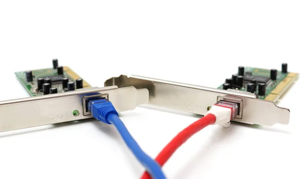 Two LAN network cards with cable — Stock Photo, Image