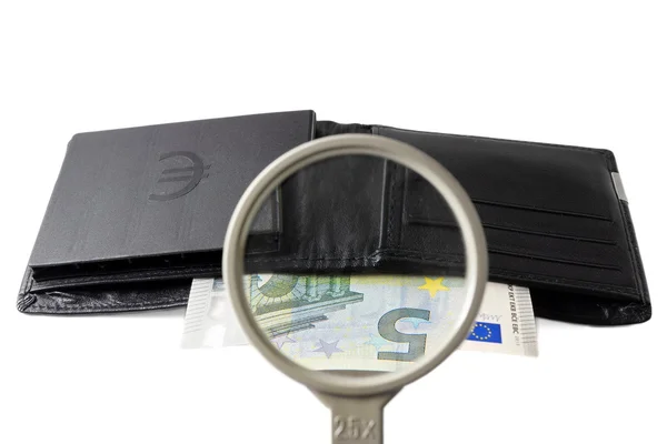 Find investor concept with wallet and magnifier — Stock Photo, Image