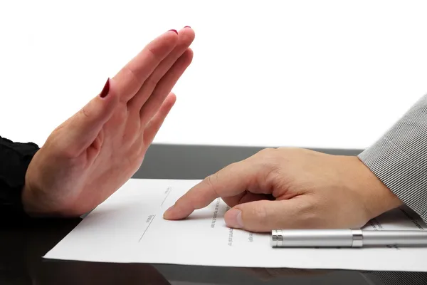 Woman refusing to sign contract or divorce — Stock Photo, Image