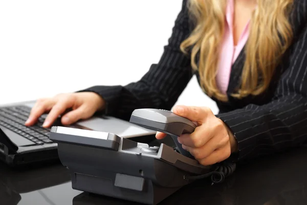 Customer service concept businesswoman is answering the phone — Stock Photo, Image