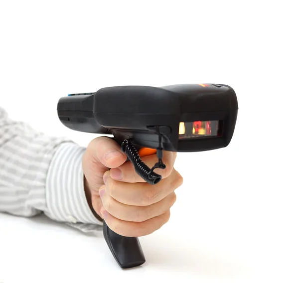 Man hold bar code scanner and scans with laser — Stock Photo, Image