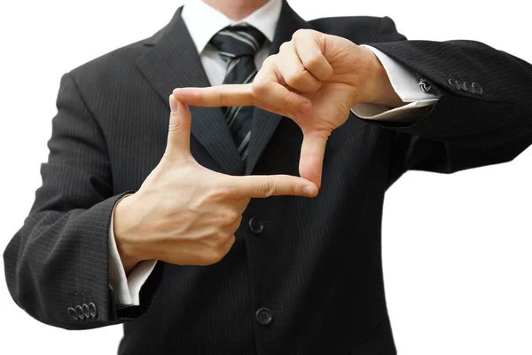 Daumen und Zeigefinger des Geschäftsmannes verbinden sich für quadratische Form — Stockfoto