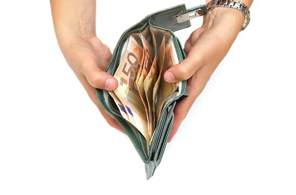 Woman open wallet full of euro cash — Stok fotoğraf
