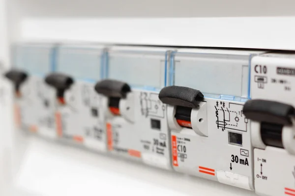 Closeup view of a box with automatic fuses — Stock Photo, Image