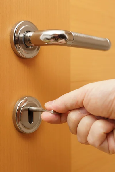 Locking up or unlocking door with key in hand