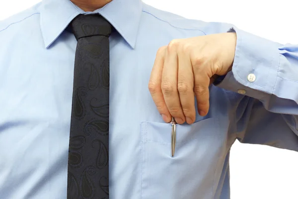 Businessman is putting pen back into his pocket — Stock Photo, Image