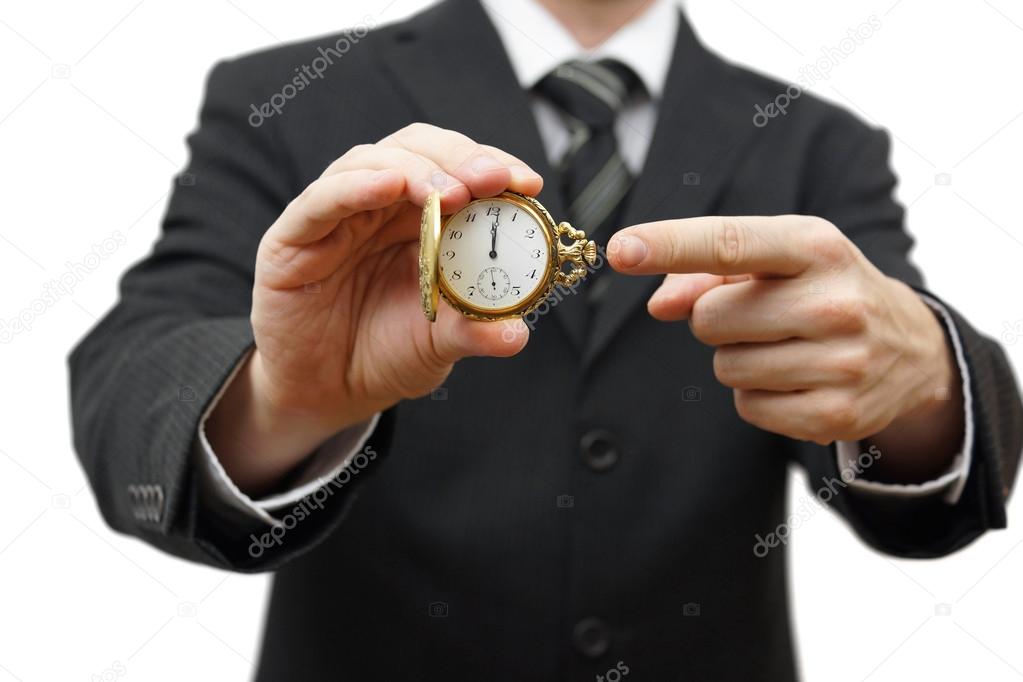 elay or late concept with businessman showing pocket watch