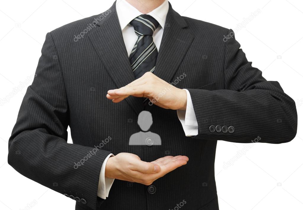 Human resources managment concept with businessman protecting em