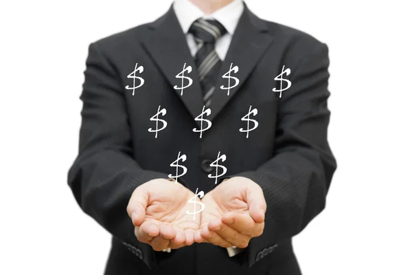 Charity concept. The open hands of businessman receiving dollar — Stock Photo, Image
