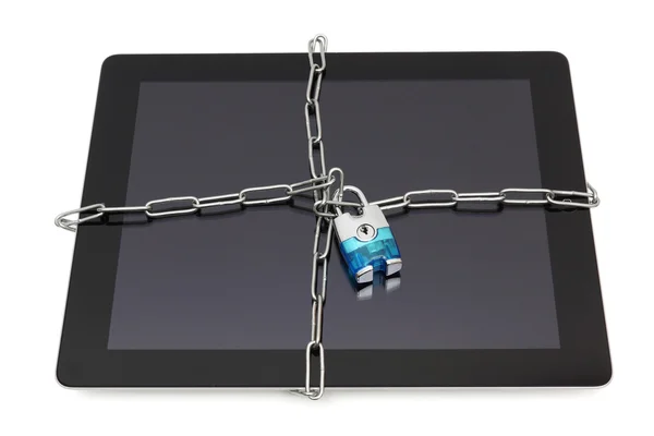 Tablet-Sicherheitskonzept mit Vorhängeschloss und gesperrtem Tablet-Computer — Stockfoto