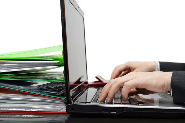 Accountant with full of documentation working on computer and us — Stock Photo, Image