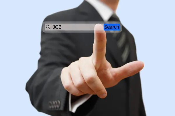 Businessman touching an job search bar. Find job over internet c — Stock Photo, Image