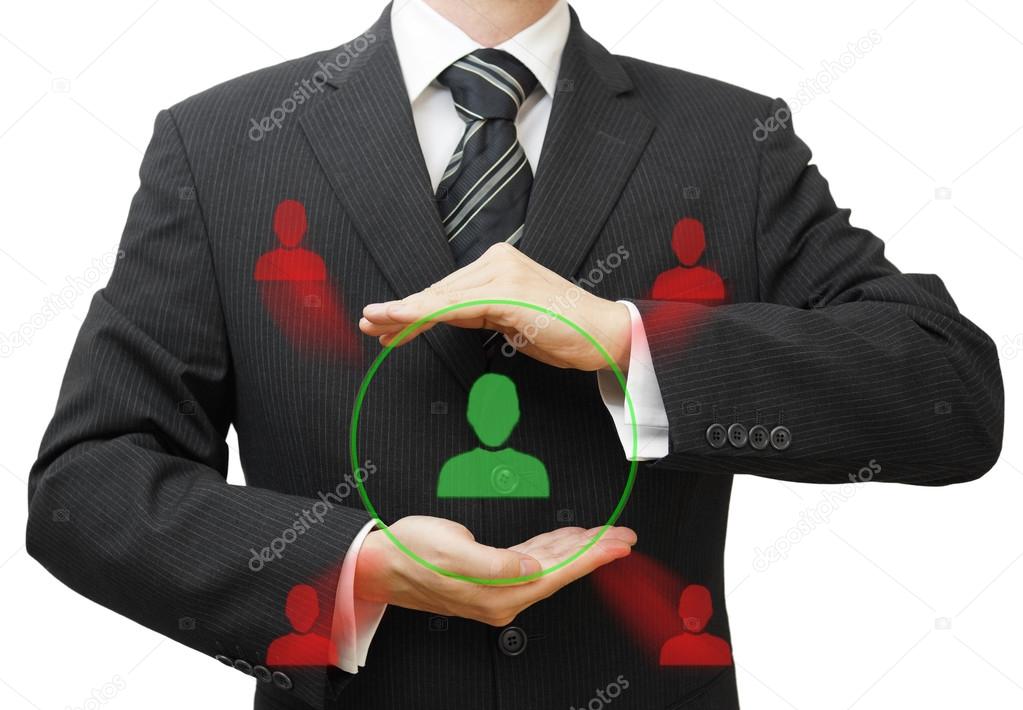 Businessman protecting customer  or human resources from competi