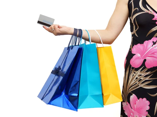 Closeup of picture of woman with shopping bags and credit card — Stock Photo, Image