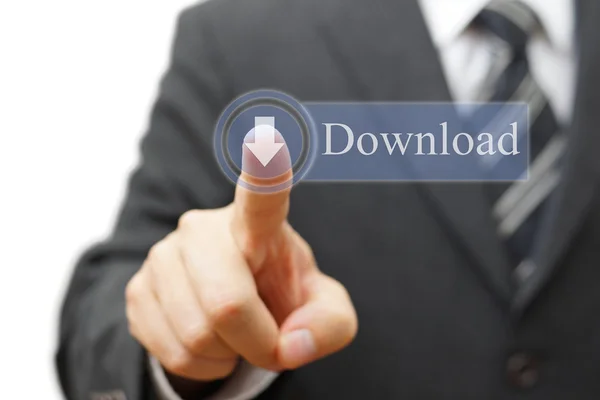 Businessman touching a download button on virtual screen. intern — Stock Photo, Image