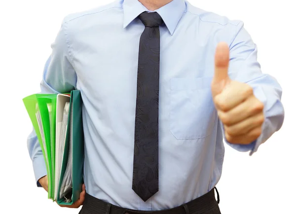 Hombre de negocios con aglutinante con documentos y dando pulgar hacia arriba i — Foto de Stock