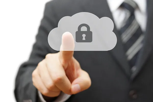 Safe cloud and online remote data. businessman pressing cloud ic — Stock Photo, Image