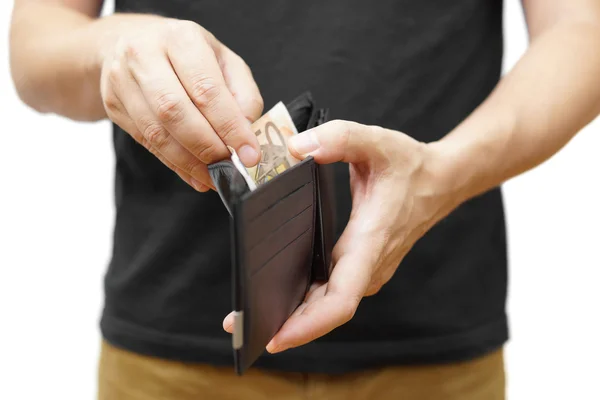 Człowiek ręka trzyma portfel i biorąc pieniądze Obrazy Stockowe bez tantiem