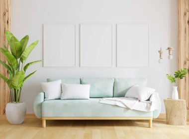 Oturma odasının içindeki yeşil kanepe. Üç kare maketli, üç boyutlu.