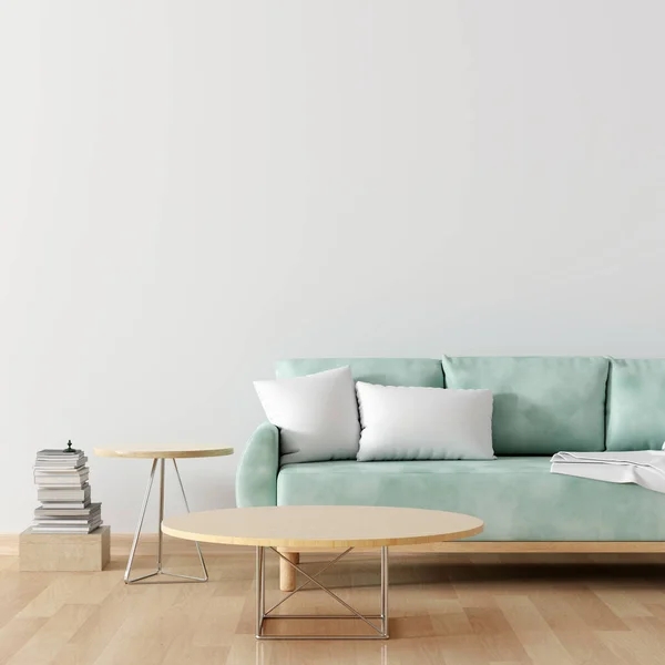 Green sofa in white living room interior with blank table for mockup,3D rendering