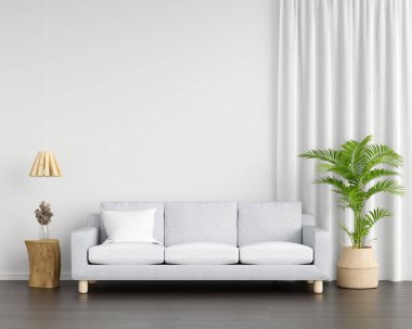 Oturma odasındaki gri kanepe. İçi fotokopi alanı, 3 boyutlu.