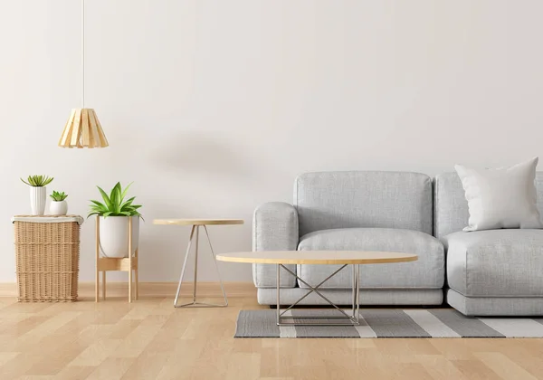 Graues Sofa Weißem Wohnzimmerinterieur Mit Leerem Tisch Für Attrappen Rendering — Stockfoto