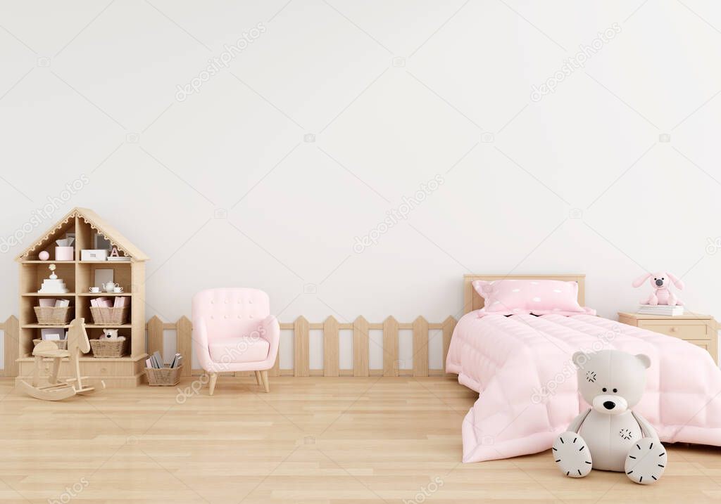 White child bedroom interior with free space for mockup, 3D rendering