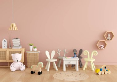 Pink children living room interior for mockup, 3D rendering