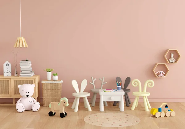 Pink Children Living Room Interior Mockup Rendering —  Fotos de Stock