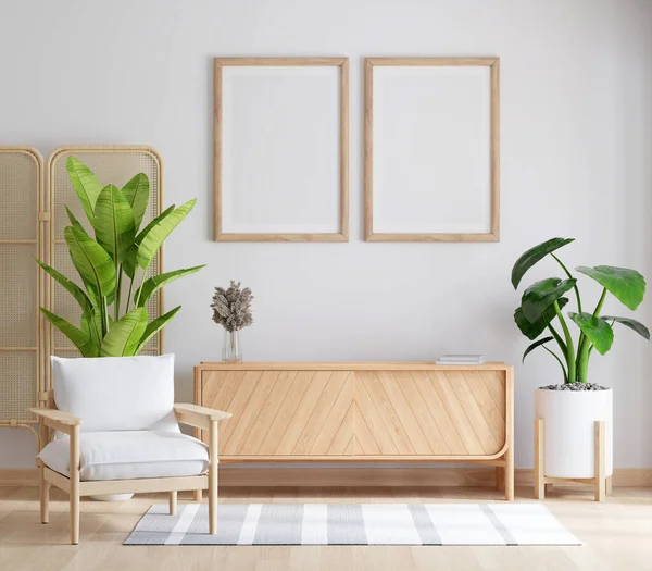 Wood sideboard in white living room interior with two picture frame mockup, 3D rendering