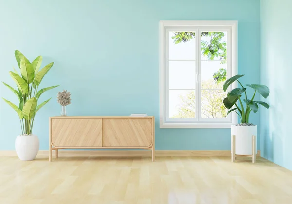 Wood sideboard in blue living room interior for mockup, 3D rendering