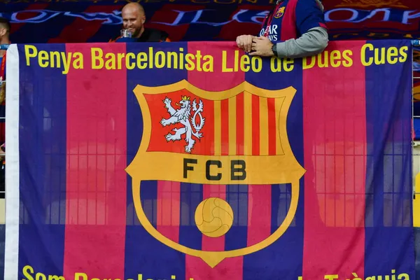 Kyiv Ucrania Noviembre 2021 Bandera Con Logo Del Barcelona Durante — Foto de Stock