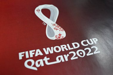 Official logo FIFA World Cup 2022 in Qatar printed on banner during training session on the eve of the FIFA World Cup Qatar 2022 qualification at the Olympic stadium in Kyiv on November 9, 2021 clipart