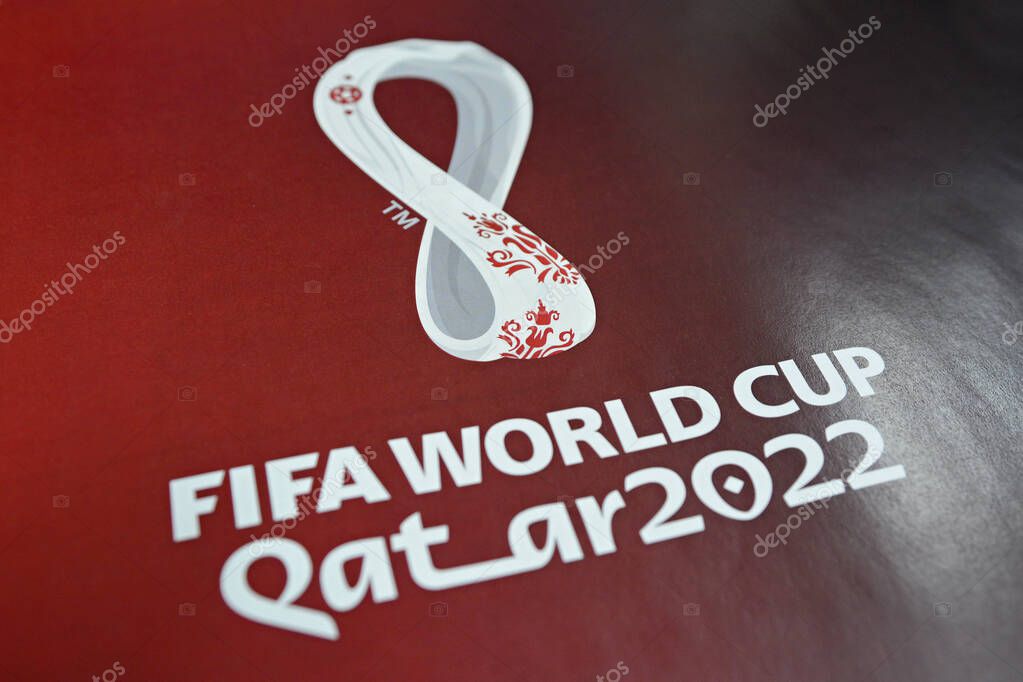 Official logo FIFA World Cup 2022 in Qatar printed on banner during training session on the eve of the FIFA World Cup Qatar 2022 qualification at the Olympic stadium in Kyiv on November 9, 2021
